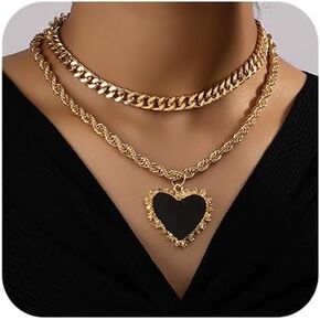 Denifery Double Layered Twist Rope Chain Necklace Twisted Rope Cuban Choker Heart Pendant Choker Necklace Fashion Jewelry for Women Girl Gifts