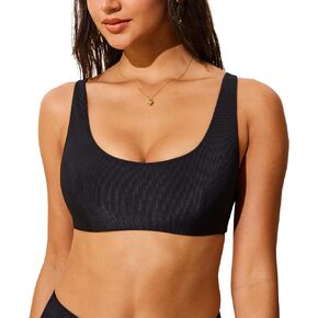 DOBREVA Women's Bikini Top Scoop Neck Bathing Suit Tops Ribbed Padded Swim Tops Only Adjustable Straps Swimsuit Sports Bra