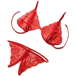 Women's Bra and Panty Set 2 Piece Floral Sheer Lace Lingerie Set Sexy Valentine Underwear Self Tie Bra and Thong Set