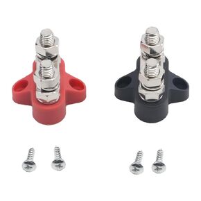2 Terminal Bus Bar[5/16" Bus Bar M8 Dual Studs w/Bus Bar] [Max 48V DC 80 Amp] Positive/Ground Insulated Junction Post for Auto Marine Car Trailer RV Boat - Black + Red