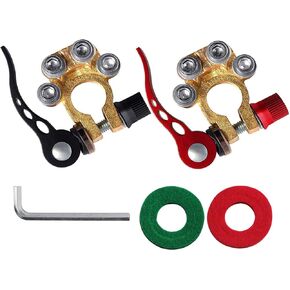Ampper Brass Quick Release Battery Terminal Connector Clamps, 4 Way Top Post Battery Terminal Protector Set for SAE/JIS Type A Posts (Brass, 1 Pair)
