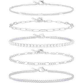 Ankle Bracelet for Women 14K Real Gold Plated/Sterling Silver Plated Anklet Bracelets for Women Waterproof Cuban Link Chain Anklets Set for Women Summer Jewelry for Women 9"+2"