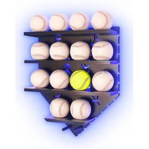 Baseball Display Shelf with LED Light, Home Plate Shaped Softball Storage Holder Shelves, Wood Championship Ring Wall Organizer for PSA SGC Collectible, Ball Hanging Frame Gift for Boy Son