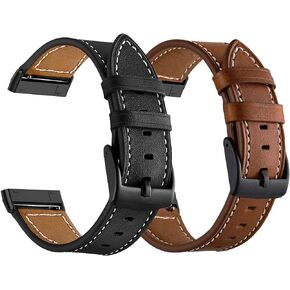 LDFAS Leather Band Compatible for Fitbit Sense 2 /Versa 4 Bands, (2 Pack) Women Men Accessory Watch Strap with Metal Buckle Compatible for Fitbit Sense, Versa 3 Bands, Brown+Black
