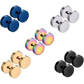 Honbay 5pairs Stainless Steel Unisex Men Women Barbell Stud Earrings Tunnel Punk Style Ear Piercing Plugs