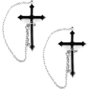 KaFu Personalized Unique Black Tassel Chain Hanging Cross Studs Earrings Hip Hop Punk Cross Chain Cuff Statement Geometric Earrings for Women Men Boy Teens Jewelry Gifts
