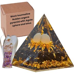 Black Tourmaline Nubian Orgone Pyramid with Agate Sphere, Lotus & an Angel for Chakra Energy Healing, Yoga, Meditation, Gifts & Room Decor
