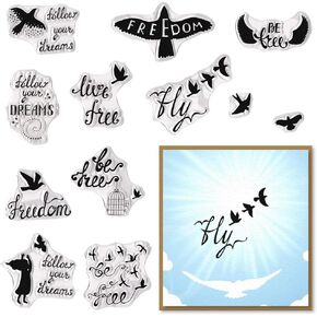 Threetols Be Free Words Clear Stamps for Card Making, Birds Clear Rubber Stamp Freedom Stamps for Holiday Card Making Decor DIY Scrapbooking Transparent Album Decor Paper Craft