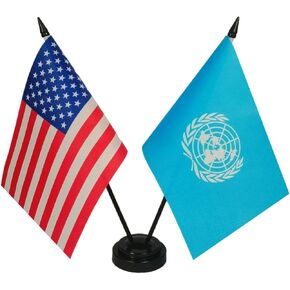 America & UN Friendship Twin Desk Flag, US UN Table Flags, 8 x 5 Inches American & United Nations Desk Flag Set - Miniature USA & United Nations Stick Flag with Flag Stand
