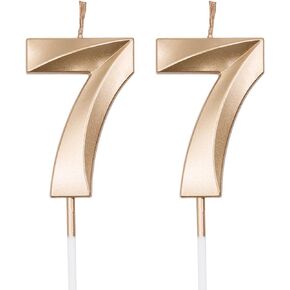 Champagne Gold 77th Birthday Candles for Cakes, Number 77 7 Candle Cake Cupcake Topper for Birthday Anniversary Party Decoration