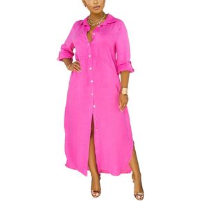 Women's Button Down Maxi Shirts - Casual Loose Long Sleeve Roll Up Shirt Dress Split Dresses
