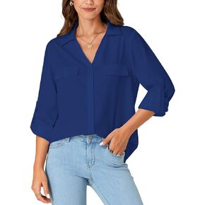 LYANER Women's Lapel Button Down Blouse Rolled Up Sleeve Dressy Shirt Work Office Casual Top