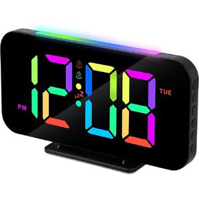 Poeroa Digital Alarm Clocks for Bedrooms - LED Clock Large Display with RGB Digits, Nightlight, Snooze, Dual Alarm, USB Charger Port, Dimmable, Ideal for Kids - Black