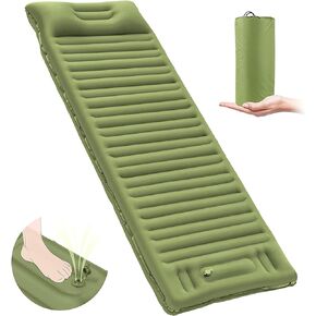 Sleeping Pad for Camping, Self Inflating Ultralight Sleeping Mat with Pillow Built-in Foot Pump Portable for Backpacking Hiking Tent Travel (Green,Single)