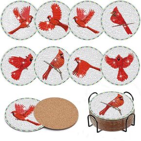 Generic 8 Pcs Diamond Art Painting Coasters Kits with Holder,DIY Cardinal Diamond Art Coasters for Adults Beginners Craft Gift Supplies