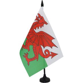 علم طاولة ويلز AZ FLAG مقاس 5 بوصة × 8 بوصة - علم مكتب ويلز مقاس 21 × 14 سم - عصا وقاعدة بلاستيكية سوداء
