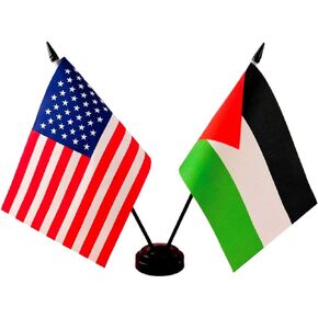 علم مكتب مزدوج للصداقة الأمريكية وفلسطين، أعلام طاولة للفلسطينيين الأمريكيين، 8 × 5 بوصات مجموعة أعلام مكتبية فاخرة للأمريكيين والفلسطينيين - علم مصغر للولايات المتحدة الأمريكية والفلسطينيين مع حامل العلم