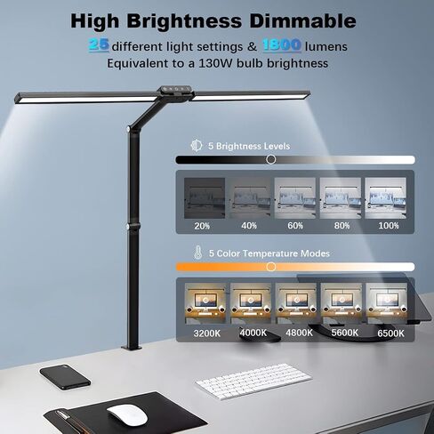 LED Desk Lamp with Clamp, Bravzurg 30.7in 24W Dual Light Source Table Lamps for Home Office with Light Sensor Function, 5 Modes and Dimmable, Eye Protection Clip Light for Study Monitor Studio Reading in Saudi Arabia