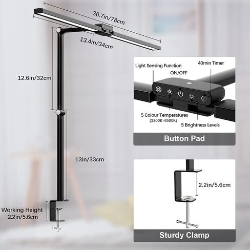 LED Desk Lamp with Clamp, Bravzurg 30.7in 24W Dual Light Source Table Lamps for Home Office with Light Sensor Function, 5 Modes and Dimmable, Eye Protection Clip Light for Study Monitor Studio Reading in Saudi Arabia