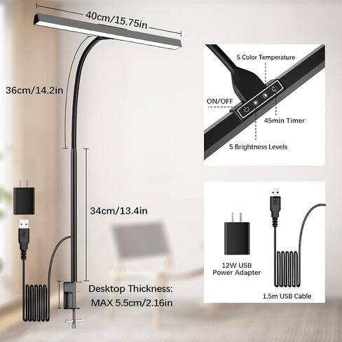 LED Desk Lamp with Clamp, Bravzurg 30.7in 24W Dual Light Source Table Lamps for Home Office with Light Sensor Function, 5 Modes and Dimmable, Eye Protection Clip Light for Study Monitor Studio Reading in Saudi Arabia