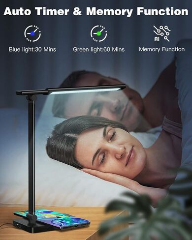 مصباح مكتب LED، مصباح مكتب مع منفذ شحن USB، مصباح طاولة للعناية بالعين، 5 أوضاع ألوان وسطوع 7 مستويات، ضوء مكتب يعمل باللمس مع مؤقت، مصابيح مكتب للمكتب المنزلي (أسود) in Saudi Arabia
