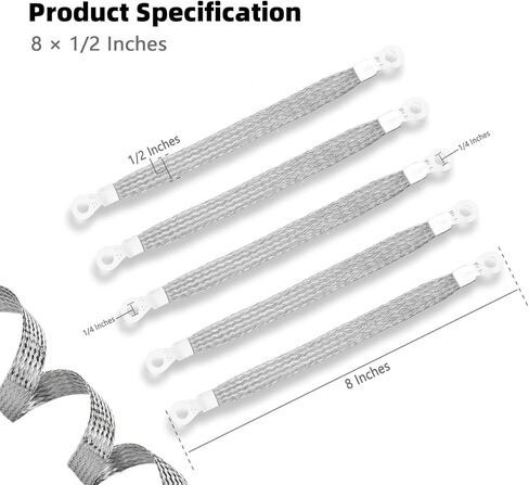 5 قطع 8 × 1/2 بوصة أشرطة أرضية مضفرة عالمية للسيارات، حزام أرضي لمحرك النحاس المعلب مع أطراف حلقات 1/4 بوصة in Kuwait