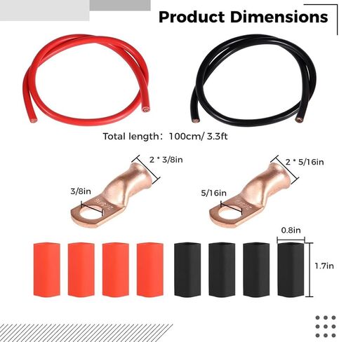 2AWG 3Ft Battery Cable Copper Power Wire with 3/8 5/16 Lug Connectors Set for Solar Car Boat RV (2+8pcs) in Saudi Arabia