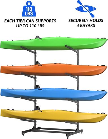 Kayak Storage Rack, Freestanding Kayak Stand with Wheels, Heavy Duty Kayak Holder, Adjustable Canoes and Surfboards Bracket for Outdoor Indoor Storage, Assembly Required in Saudi Arabia
