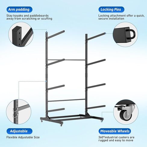 Kayak Storage Rack, Freestanding Kayak Stand with Wheels, Heavy Duty Kayak Holder, Adjustable Canoes and Surfboards Bracket for Outdoor Indoor Storage, Assembly Required in Saudi Arabia