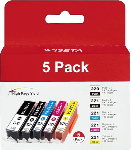 استبدال خرطوشة الحبر المتوافقة Wiseta PGI-220 CLI-221 لخراطيش الحبر Canon 221 220 PGI220 CLI221 للاستخدام مع MP560 MP620 MP640 MX860 MX870 MP980 MP990 iP3600 iP4600 iP4700 (2B1C1M1Y، 5 عبوات) in Kuwait