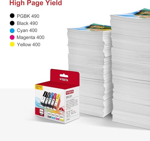 استبدال خرطوشة الحبر المتوافقة Wiseta PGI-220 CLI-221 لخراطيش الحبر Canon 221 220 PGI220 CLI221 للاستخدام مع MP560 MP620 MP640 MX860 MX870 MP980 MP990 iP3600 iP4600 iP4700 (2B1C1M1Y، 5 عبوات) in Kuwait