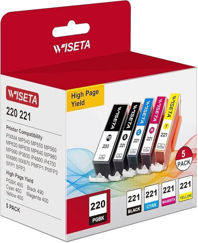 استبدال خرطوشة الحبر المتوافقة Wiseta PGI-220 CLI-221 لخراطيش الحبر Canon 221 220 PGI220 CLI221 للاستخدام مع MP560 MP620 MP640 MX860 MX870 MP980 MP990 iP3600 iP4600 iP4700 (2B1C1M1Y، 5 عبوات) in Kuwait