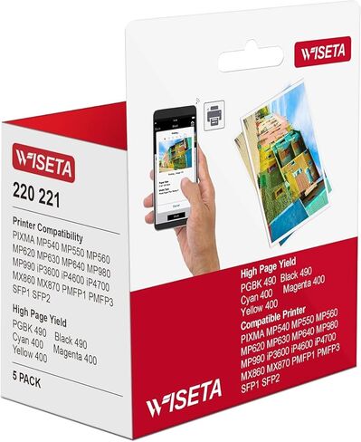 استبدال خرطوشة الحبر المتوافقة Wiseta PGI-220 CLI-221 لخراطيش الحبر Canon 221 220 PGI220 CLI221 للاستخدام مع MP560 MP620 MP640 MX860 MX870 MP980 MP990 iP3600 iP4600 iP4700 (2B1C1M1Y، 5 عبوات) in Kuwait