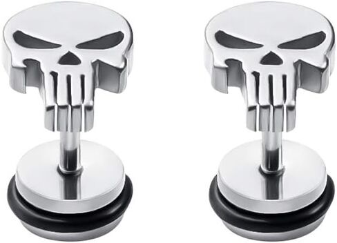 Stainless Steel Punisher Skull Stud Earrings Rock Skeleton Screw Back Earrings for Men Women (Silver) in Saudi Arabia