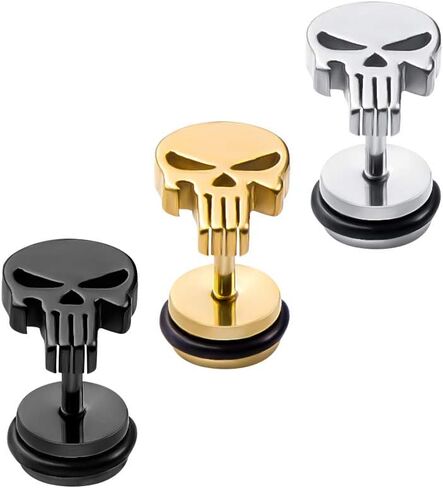 Stainless Steel Punisher Skull Stud Earrings Rock Skeleton Screw Back Earrings for Men Women (Silver) in Saudi Arabia