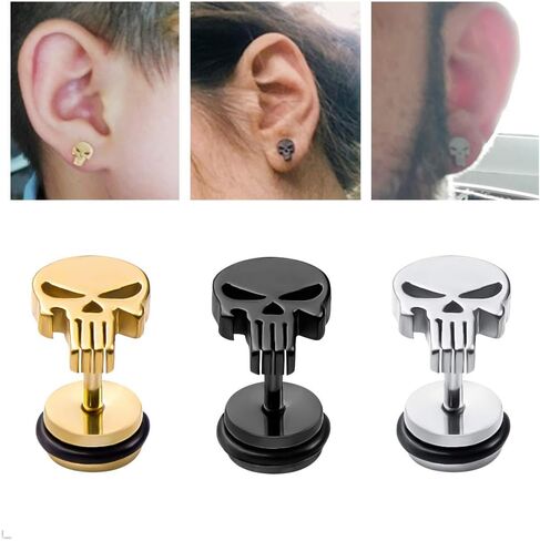 Stainless Steel Punisher Skull Stud Earrings Rock Skeleton Screw Back Earrings for Men Women (Silver) in Saudi Arabia