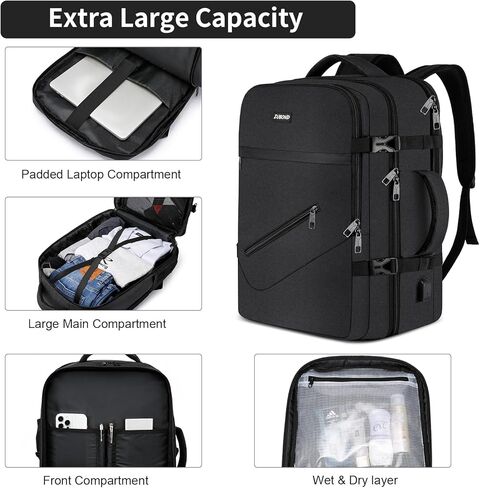 حقيبة ظهر للسفر للرجال والنساء، حقيبة ظهر كبيرة مضادة للماء، حقيبة أغراض شخصية معتمدة من شركة الطيران، حقيبة ظهر للكمبيوتر المحمول مقاس 17 بوصة، حقيبة عمل وصالة الألعاب الرياضية لعطلة نهاية الأسبوع، حقيبة ظهر مدرسية، أسود in Kuwait