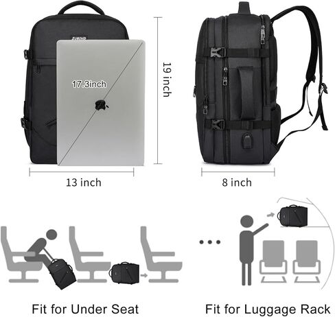 حقيبة ظهر للسفر للرجال والنساء، حقيبة ظهر كبيرة مضادة للماء، حقيبة أغراض شخصية معتمدة من شركة الطيران، حقيبة ظهر للكمبيوتر المحمول مقاس 17 بوصة، حقيبة عمل وصالة الألعاب الرياضية لعطلة نهاية الأسبوع، حقيبة ظهر مدرسية، أسود in Kuwait