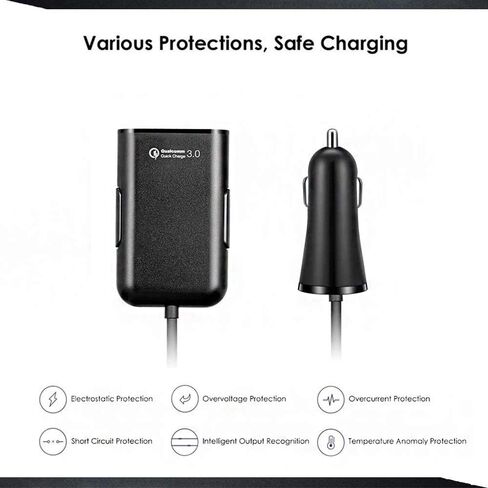 QC 3.0 Quick Charge USB Car Charger Compatible with Android iOS Smartphones USB Device Front/Back Seat Cigarette Lighter Chargers 5.6Ft Extension Cable 4 USB Ports Vehicle Charger in Saudi Arabia