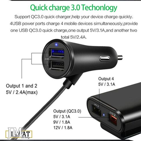 QC 3.0 Quick Charge USB Car Charger Compatible with Android iOS Smartphones USB Device Front/Back Seat Cigarette Lighter Chargers 5.6Ft Extension Cable 4 USB Ports Vehicle Charger in Saudi Arabia