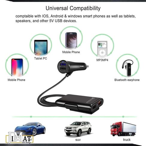 QC 3.0 Quick Charge USB Car Charger Compatible with Android iOS Smartphones USB Device Front/Back Seat Cigarette Lighter Chargers 5.6Ft Extension Cable 4 USB Ports Vehicle Charger in Saudi Arabia