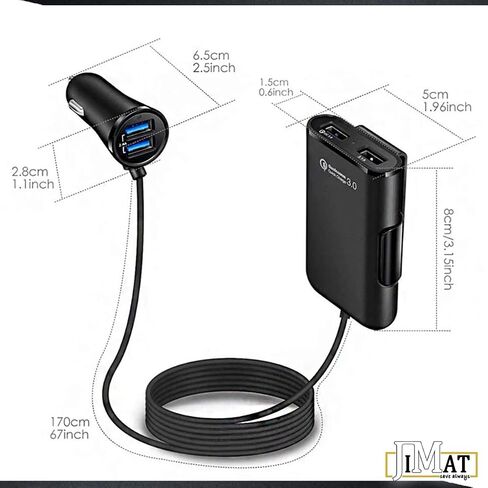 QC 3.0 Quick Charge USB Car Charger Compatible with Android iOS Smartphones USB Device Front/Back Seat Cigarette Lighter Chargers 5.6Ft Extension Cable 4 USB Ports Vehicle Charger in Saudi Arabia
