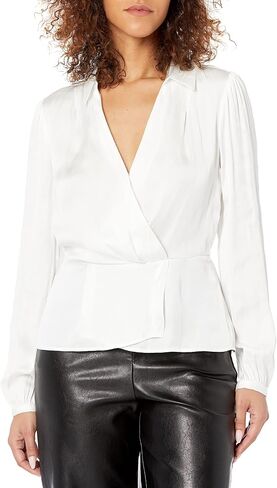 PAIGE Women's Karla Blouse Long Sleeve Faux Wrap Front Peplum Hem in White in Saudi Arabia