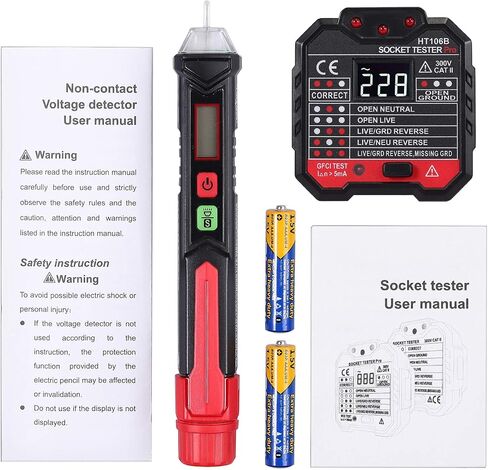Proster Non Contact Voltage Tester Pen 12-1000V + Socket Tester 48V～250V Wall AC Power Outlet Tester Adjustable Sensitivity Electrical AC Voltage Detector with LED Flashlight Alarm in Saudi Arabia