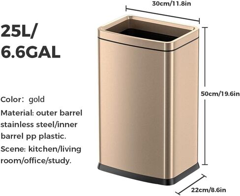 25L/6GALSquare Kitchen Trash can,Large Metal Garbage can,Champagne Gold Trash can,Gold Trash can for Bathroom,Tall Stainless Steel dusbin for Commercial,Detached House in Saudi Arabia