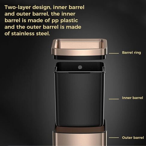 25L/6GALSquare Kitchen Trash can,Large Metal Garbage can,Champagne Gold Trash can,Gold Trash can for Bathroom,Tall Stainless Steel dusbin for Commercial,Detached House in Saudi Arabia