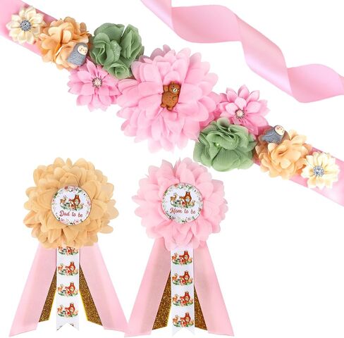 JOYMEMO Pink Woodland Animal Baby Shower Maternity Sash Kit - Woodland Theme Baby Shower Belly Belt and Mom to Be & Dad to Be Corsage Pins, Pregnancy New Parents Photo Props Party Supplies in Saudi Arabia