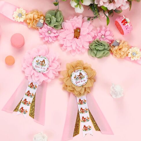 JOYMEMO Pink Woodland Animal Baby Shower Maternity Sash Kit - Woodland Theme Baby Shower Belly Belt and Mom to Be & Dad to Be Corsage Pins, Pregnancy New Parents Photo Props Party Supplies in Saudi Arabia