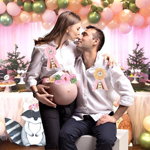 JOYMEMO Pink Woodland Animal Baby Shower Maternity Sash Kit - Woodland Theme Baby Shower Belly Belt and Mom to Be & Dad to Be Corsage Pins, Pregnancy New Parents Photo Props Party Supplies in Saudi Arabia