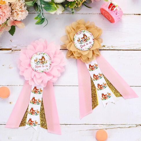 JOYMEMO Pink Woodland Animal Baby Shower Maternity Sash Kit - Woodland Theme Baby Shower Belly Belt and Mom to Be & Dad to Be Corsage Pins, Pregnancy New Parents Photo Props Party Supplies in Saudi Arabia